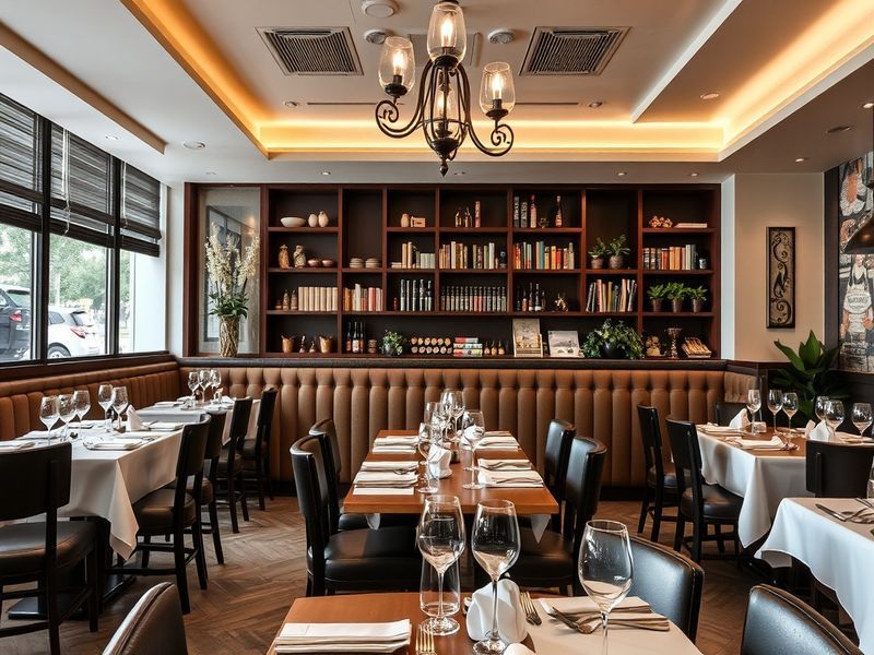 Table dressée élégamment dans la salle principale du restaurant gastronomique.